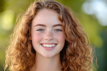 Fototapeta premium smiling young woman with curly hair in natural light