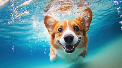 Cute dog swimming in crystal-clear water.