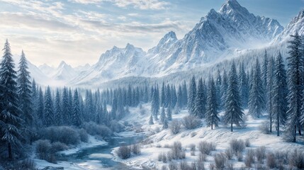 Winter forest with snowy mountain backdrop.