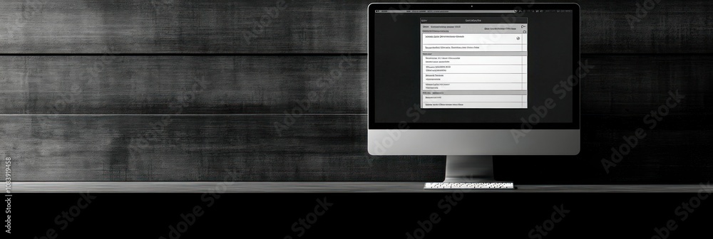 Poster a sleek computer monitor displaying settings on a minimalist desk against a textured wall.
