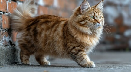 Obraz premium Fluffy ginger cat walking near brick wall.
