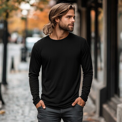 Fototapeta premium Men's long sleeve t-shirt with front and back views, isolated on a white background with a clipping path for easy integration into designs or mockups.