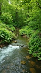 Lush greenery surrounds a gentle river flowing through a vibrant spring forest, calm, tranquil