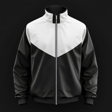 Blank black and white windbreaker mockup, front view, 3D rendering. Empty nylon casual windbreaker with zipper mockup, isolated. Clear protective bomber or raincoat material template, ideal for appare
