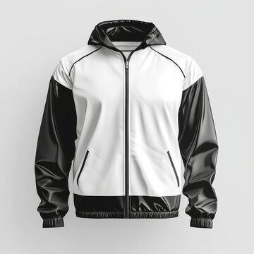 Blank black and white windbreaker mockup, front view, 3D rendering. Empty nylon casual windbreaker with zipper mockup, isolated. Clear protective bomber or raincoat material template, ideal for appare