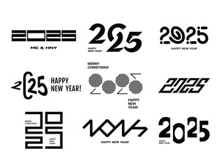 2025 Happy New Year logo text design. Set of 2025 number design template. Christmas symbols 2025 Happy New Year. Vector illustration with black labels logo for notebooks, calendars.