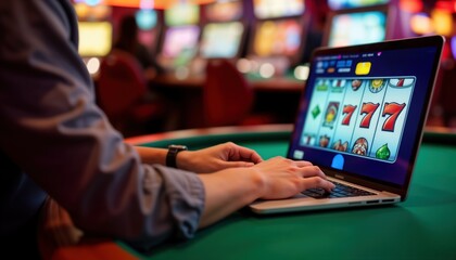 Person plays online slots on laptop in casino. Hands type on keyboard. Gaming device shows slot machine game. Indoor casino environment. Person enjoying entertainment. Digital gaming experience.