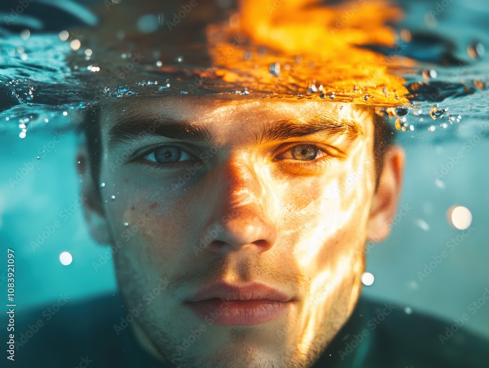 Poster close-up portrait of a person partially submerged in water with reflections and light patterns
