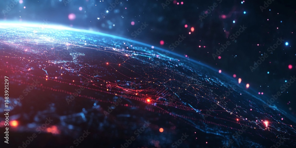 Sticker abstract global network concept with bright lights and flowing data lines,space for text