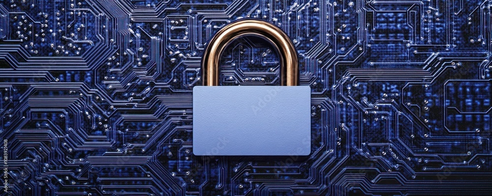 Poster a padlock on a circuit board background, symbolizing cybersecurity and data protection.