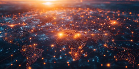 Obraz premium Dotted world map with glowing connection lines, symbolizing commerce,space for text