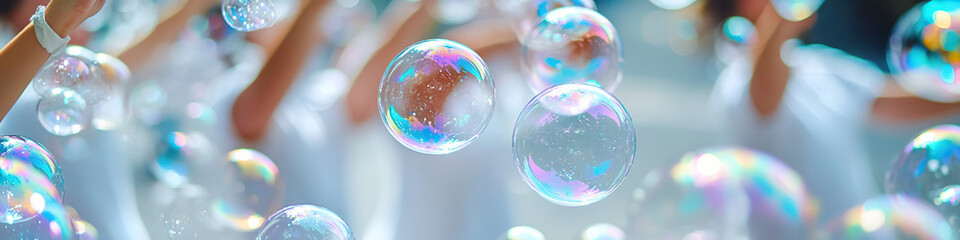 Bubble Ballet: A group of people wearing white clothes, creating bubbles with wands and dancing among them.