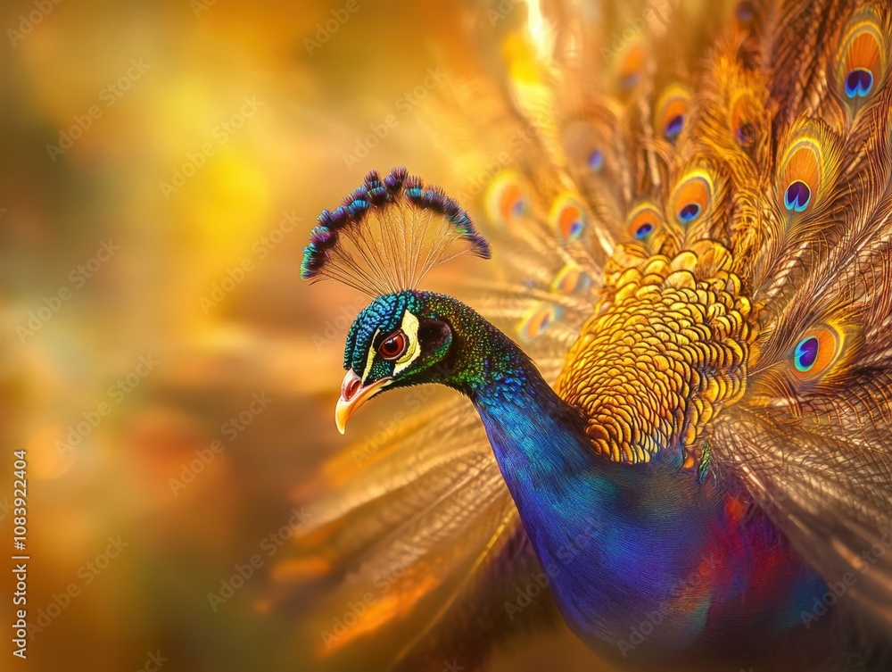 Poster a vibrant peacock displaying its colorful feathers in a soft, blurred background