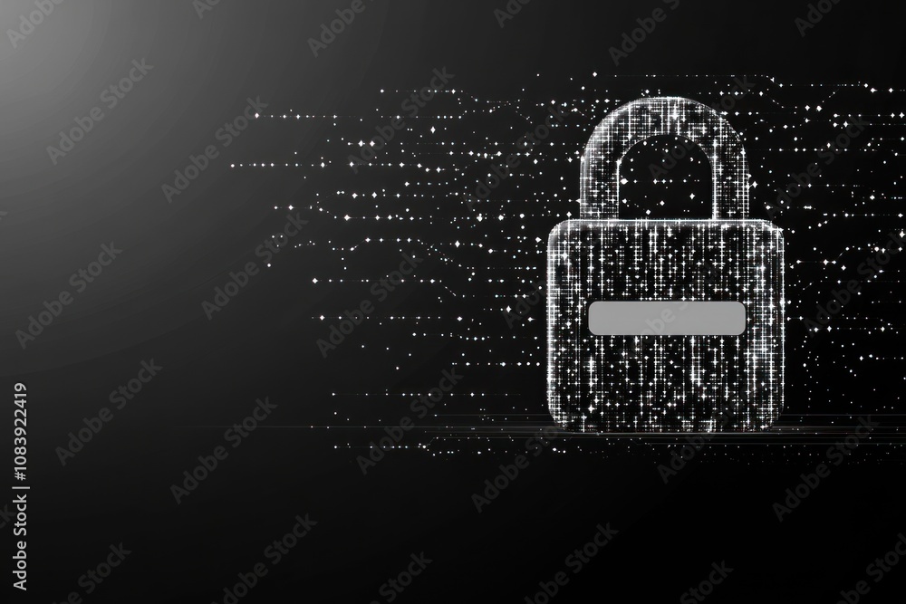 Poster a digital lock symbol with a matrix-like background, representing cybersecurity and data protection.