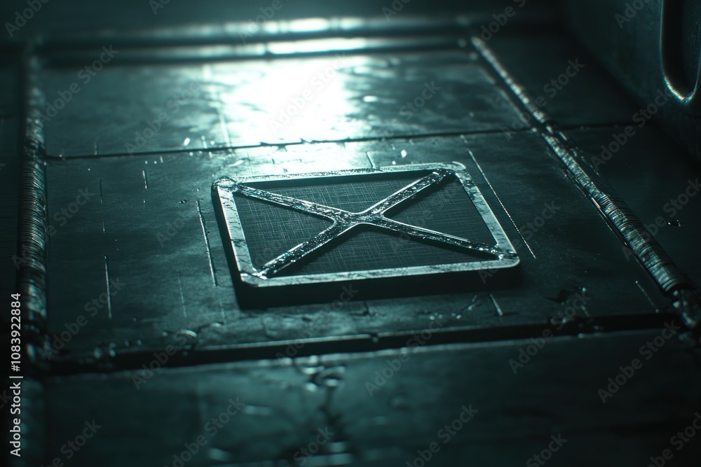 Poster a metallic floor with a square panel featuring an 'x' design, illuminated in low light.