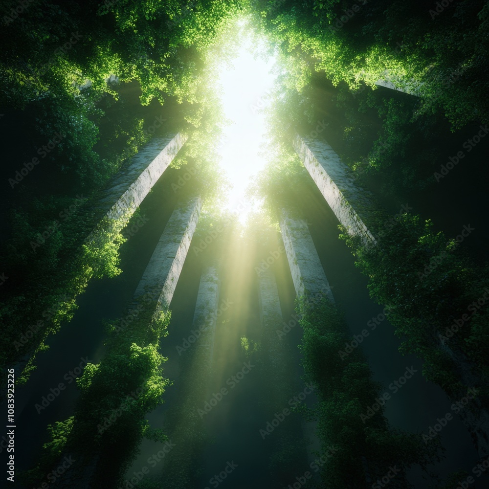 Poster sunlight filtering through a dense forest canopy creating a serene and magical atmosphere
