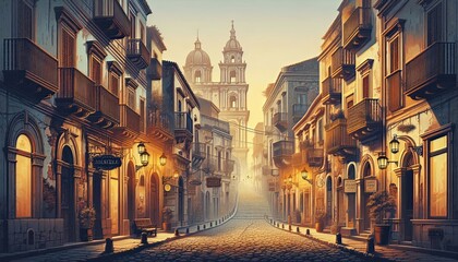Fototapeta premium Charming historic facades lining cobblestone streets at dawn offer a glimpse into the past in this picturesque town scene.