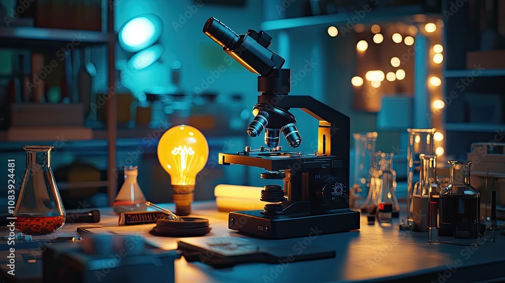 Poster here's a description and keywords for your image.. nighttime lab scene with microscope, glassware, a
