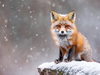 Fototapeta premium a red fox sitting on a snowy log in a winter landscape