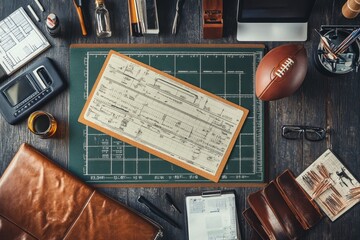 Football coach planning game strategy on desk with playbook, ball, and laptop