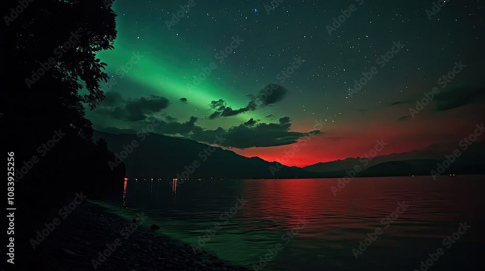 Poster here's a and keyword list for your image.. night sky aurora borealis reflection lake mountains.
