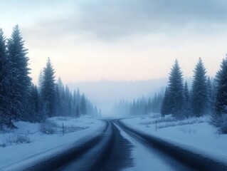 serene winter road through a snowy forest landscape