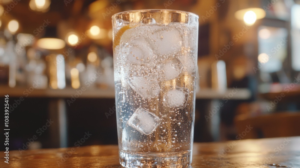 Poster Refreshing Glass of Sparkling Water with Ice Cubes on Wooden Table in a Cozy Setting with Blurred Background and Soft Lighting Effects