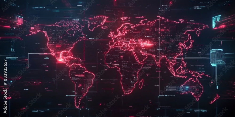 Sticker futuristic world map with holographic effects and interconnected nodes,space for text