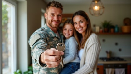 Happy family receives house key. Soldier dad holds new home key. Proud parents, child look happily. New house, new life, homeownership, family joy, moving into new house, family home, happy soldiers