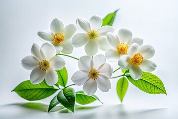 Obraz premium Five White Flowers with Green Leaves on White Background - Elegant Candid Photography of Nature's Beauty, Floral Arrangement, and Fresh Blooms for Home Decor and Botanical Illustrations