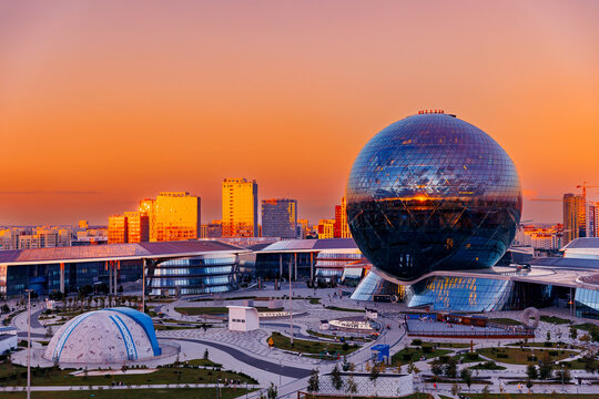 Astana, Kazakhstan - July 29, 2024: main building of Expo 2017 in Nur-Sultan, Exhibition Complex - Nur Alem Aerial view
