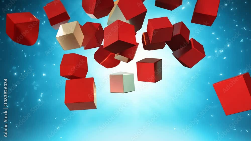 Poster camera snaps upward as a tower of colorful building blocks explodes skyward, creating satisfying geo