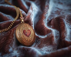A single, gold locket open to reveal a vintage photo, on a velvet backdrop