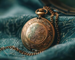 A single, gold locket open to reveal a vintage photo, on a velvet backdrop