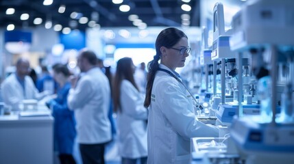 Laboratory technician operating advanced scientific equipment at a busy medical technology expo with blurred background