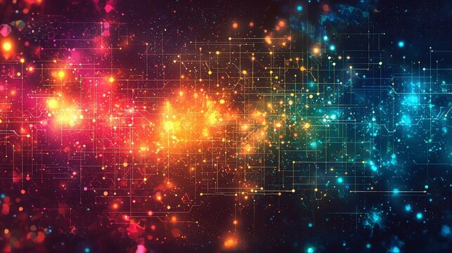 A colorful digital landscape featuring intricate networks with glowing nodes and vibrant colors, symbolizing connectivity and modern technology.