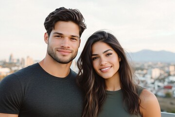 A diverse couple enjoying a romantic evening on a balcony with a cityscape and mountains in the background