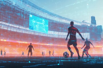 Soccer players kicking ball in futuristic stadium during championship match