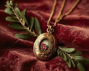 A single, gold locket open to reveal a vintage photo, on a velvet backdrop