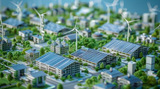 Miniature sustainable city model with solar panels, wind turbines, and green architecture showcasing renewable energy solutions