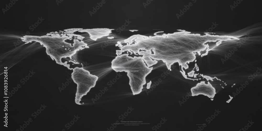 Wall mural minimalist world map with pulsating connections between major cities,space for text