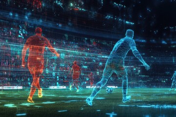 Hologram football players running with ball in futuristic stadium