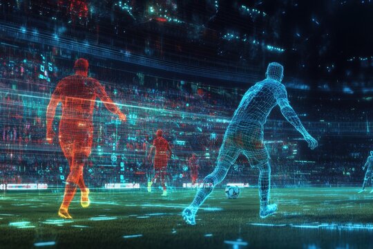 Hologram football players running with ball in futuristic stadium