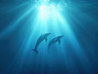 two dolphins swimming gracefully in blue ocean waters with sunlight filtering through the surface
