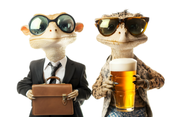 two lizard hold briefcase and beer isolated on transparent background