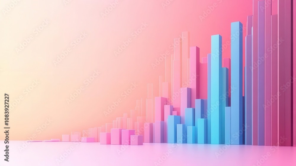 Poster a vibrant, abstract representation of colorful 3d bars increasing in height against a soft gradient 