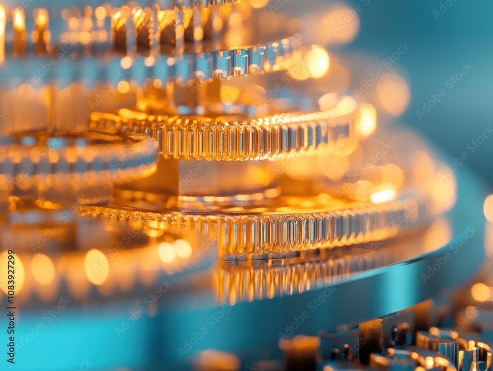 Poster close-up of intricate gears and cogs reflecting light