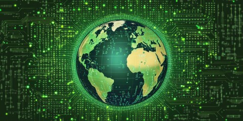 Fototapeta premium Earth in abstract style, connected with binary code and digital circuits,space for text