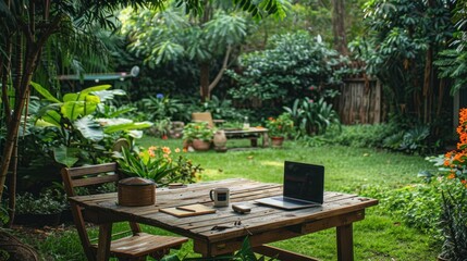 Obraz premium Laptop on Wooden Table in Lush Garden