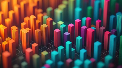 Obraz premium A vibrant, abstract visualization of 3D bar graphs representing data, with contrasting colors creating a dynamic and engaging digital landscape.